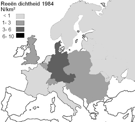 afbeelding: Reeën-populatie dichtheid en verandering Europa 1984