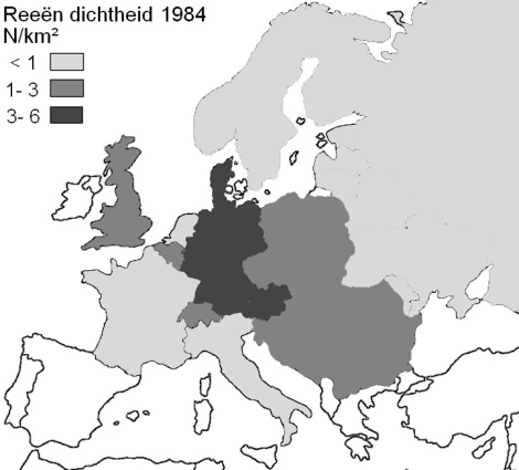 afbeelding: Reeën-populatie dichtheid en verandering Europa 1984