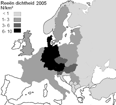 afbeelding: Reeën-populatie dichtheid en veranderingen Europa 2005